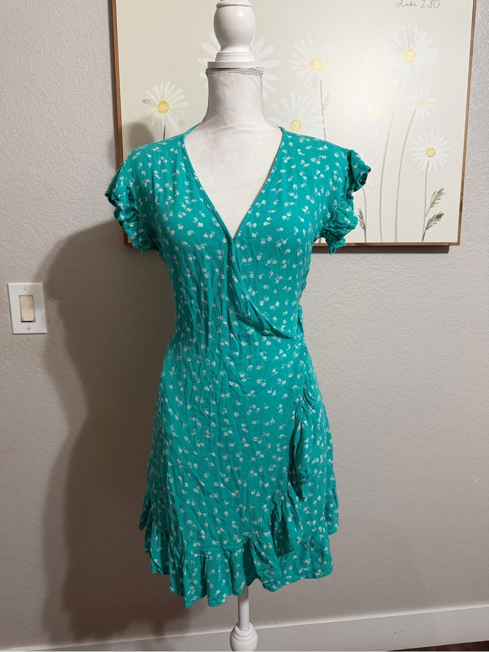 Billabong Teal Floral Wrap Dress with Ruffle Hem